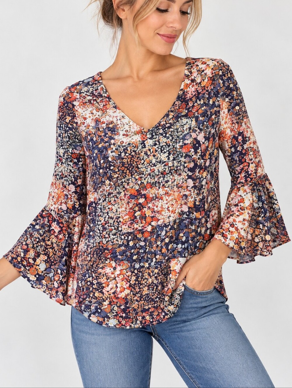 JENNIE & MARLIS | Women’s Multicolor Floral Flare-Sleeve Blouse Size PM